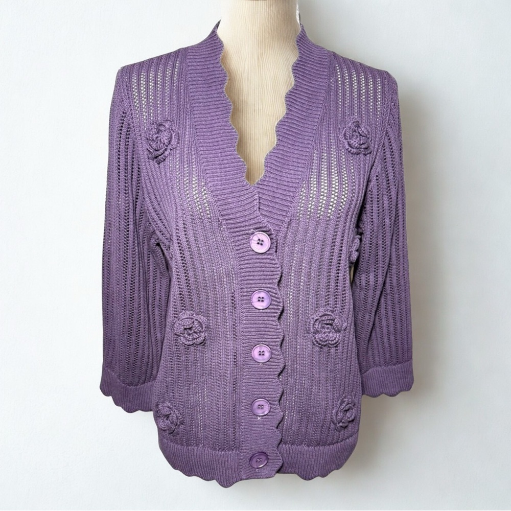 NWOT Indigo Thread Co.  Purple Rose Cardigan Women Size Medium 100% Cotton